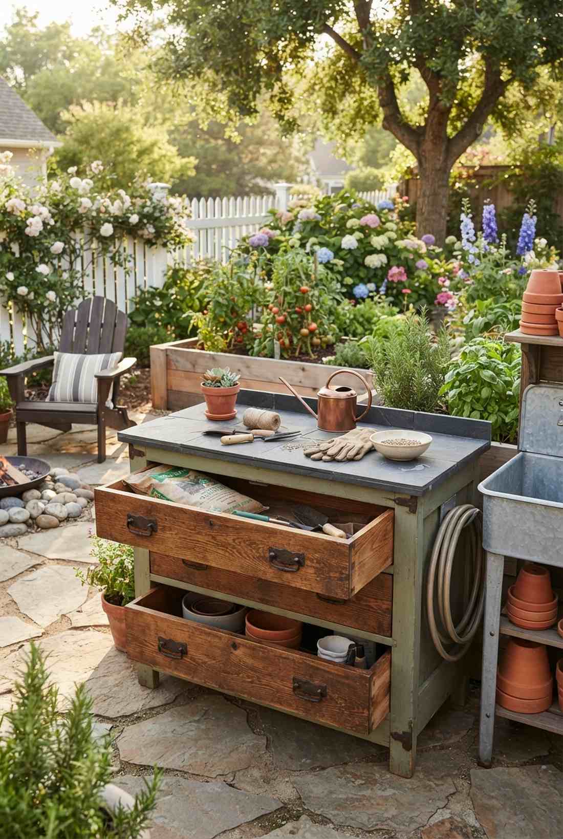 dresser turned potting bench