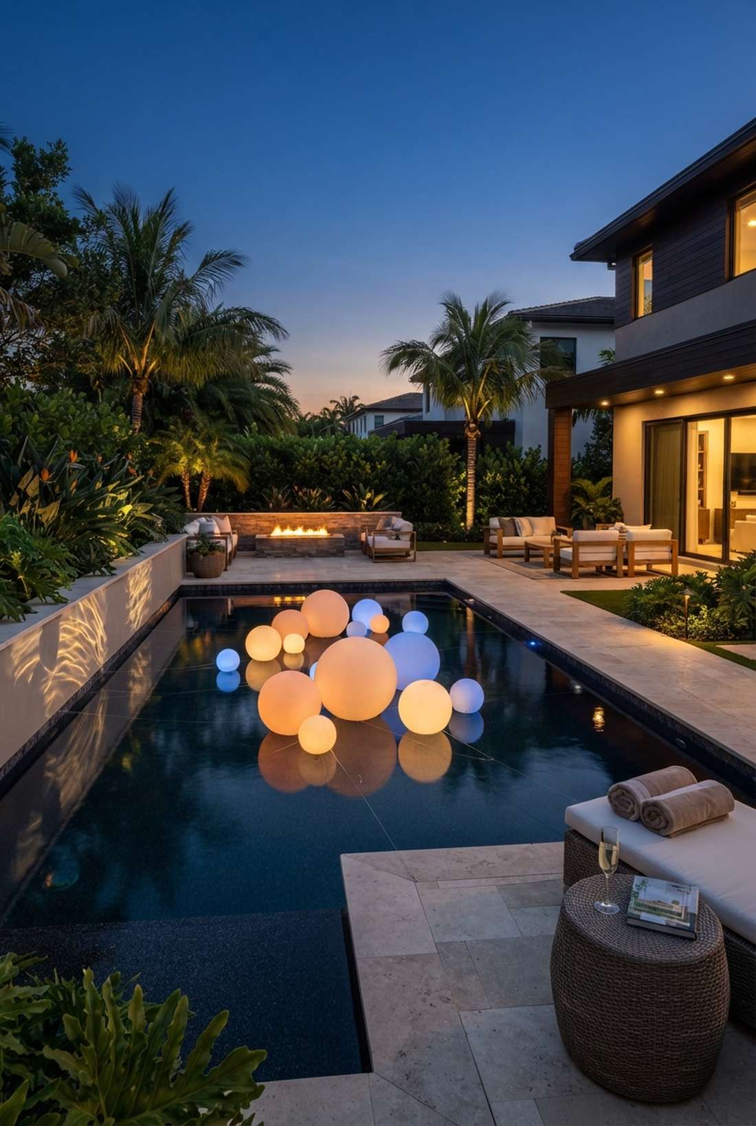 floating pool lights near patio