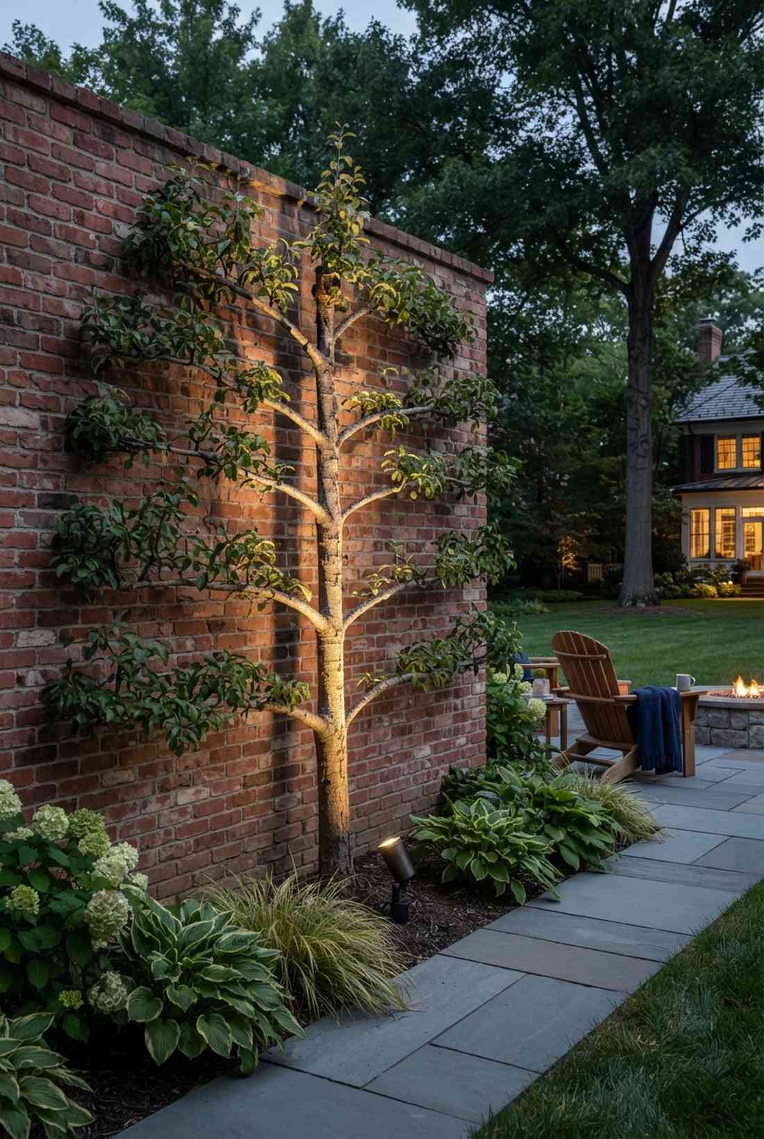 espalier trained fruit tree lighting