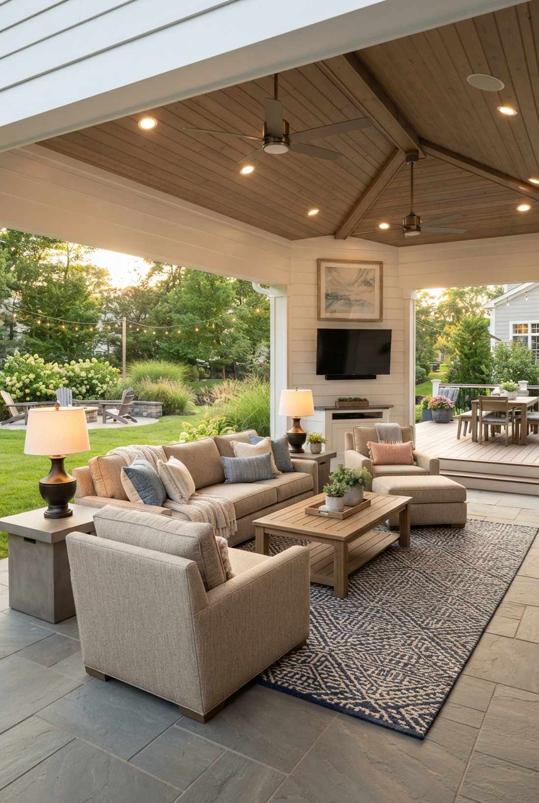 covered outdoor room with interior style furnishings