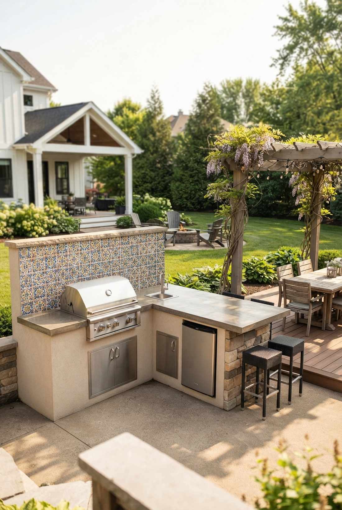 outdoor kitchen with tile backsplash