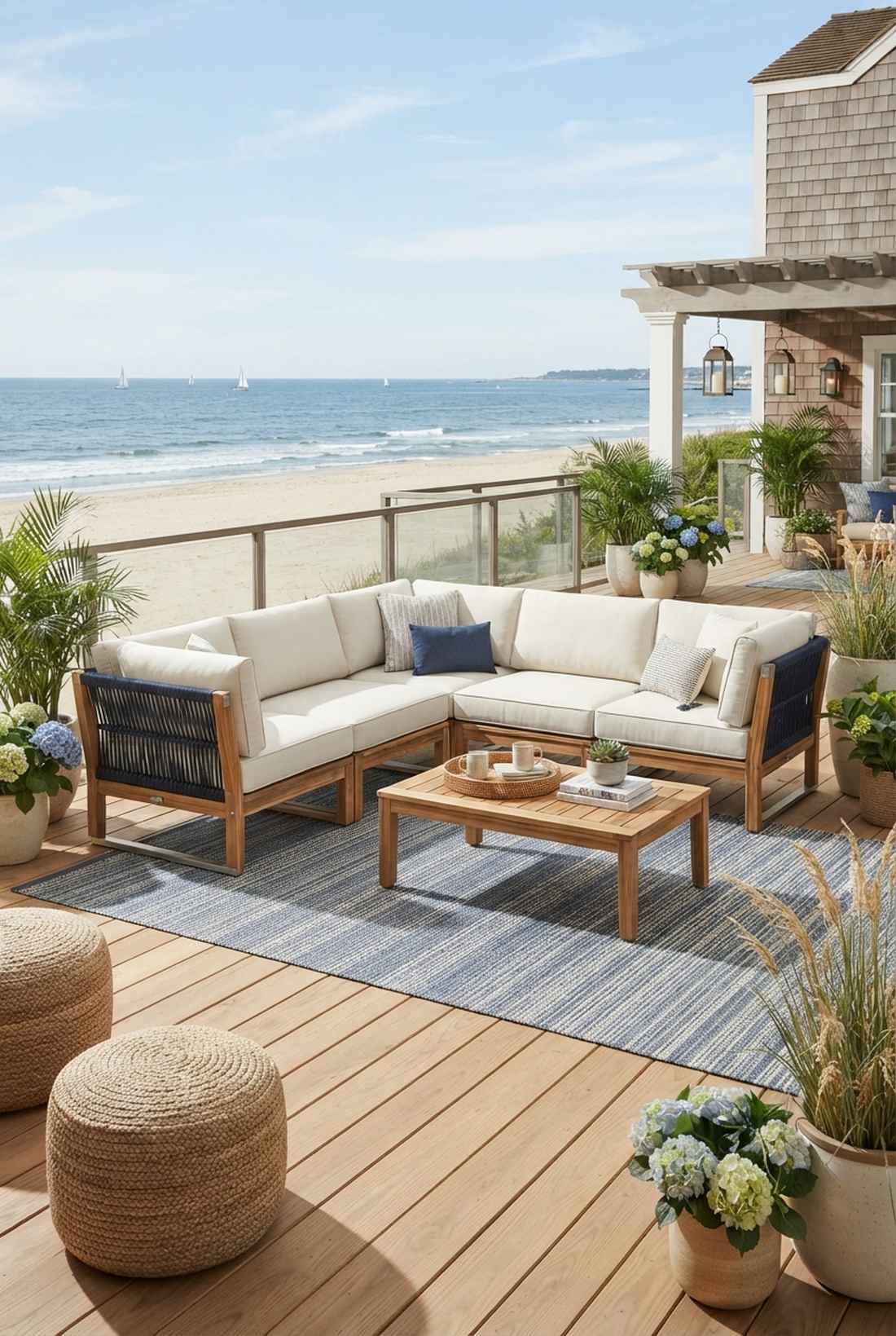 acacia wood sectional with rope detailing