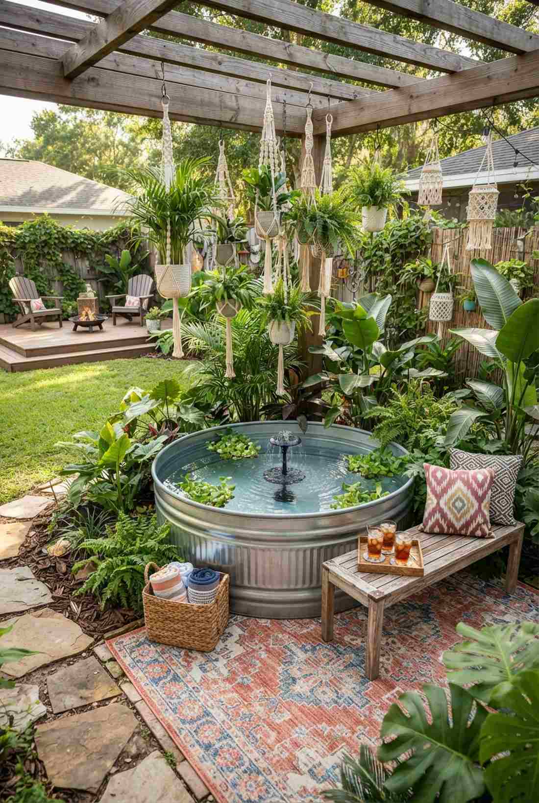 bohemian stock tank with tropical plantings