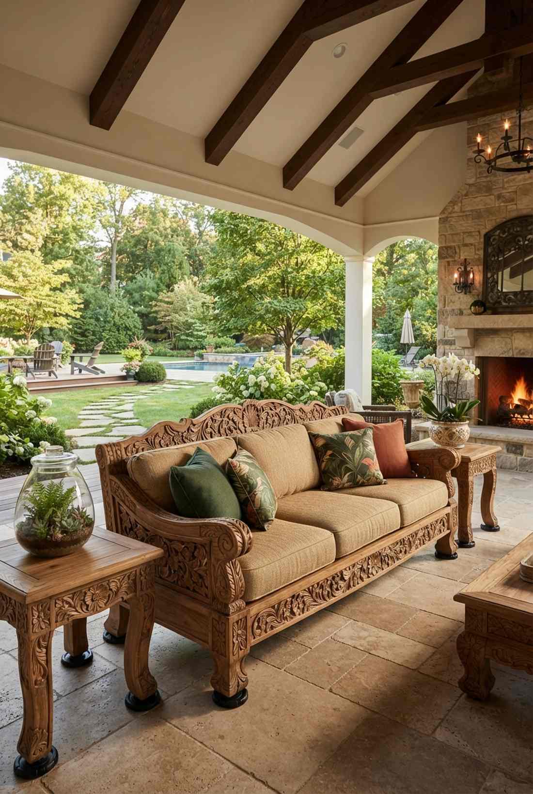 carved teak statement sofas