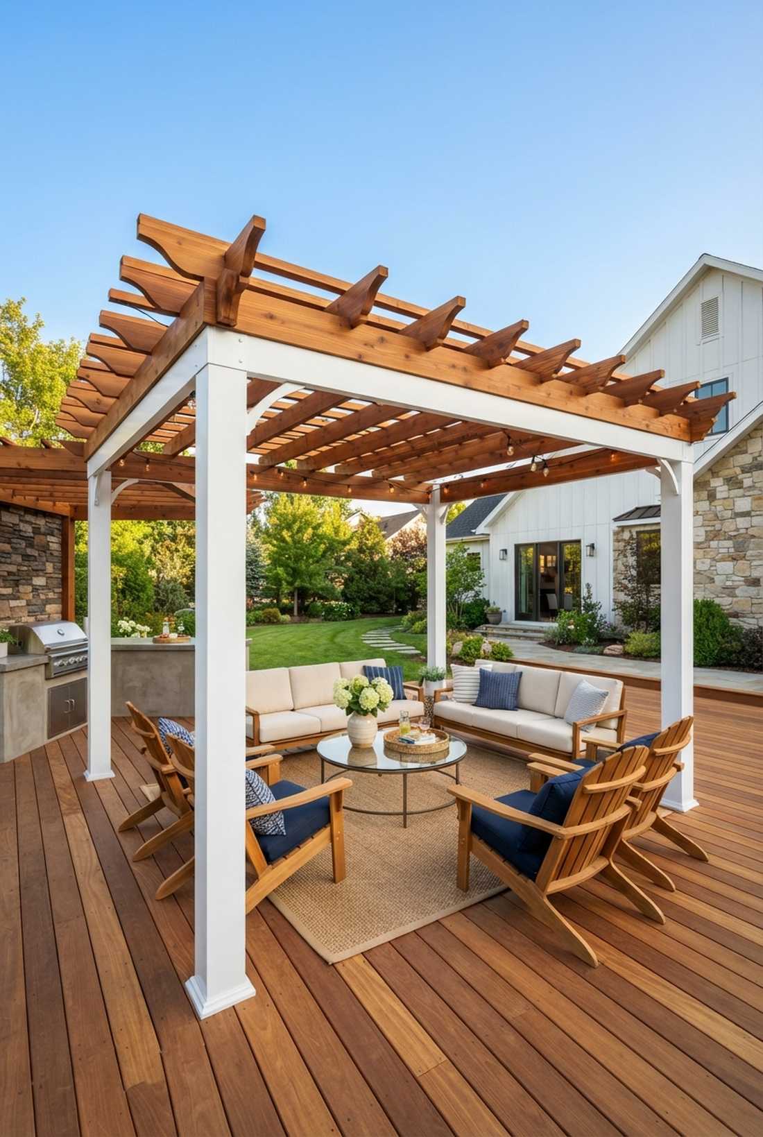 monochromatic white pergola with wood accents