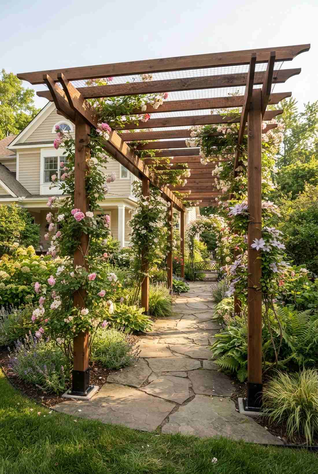 narrow rectangle pathway pergola
