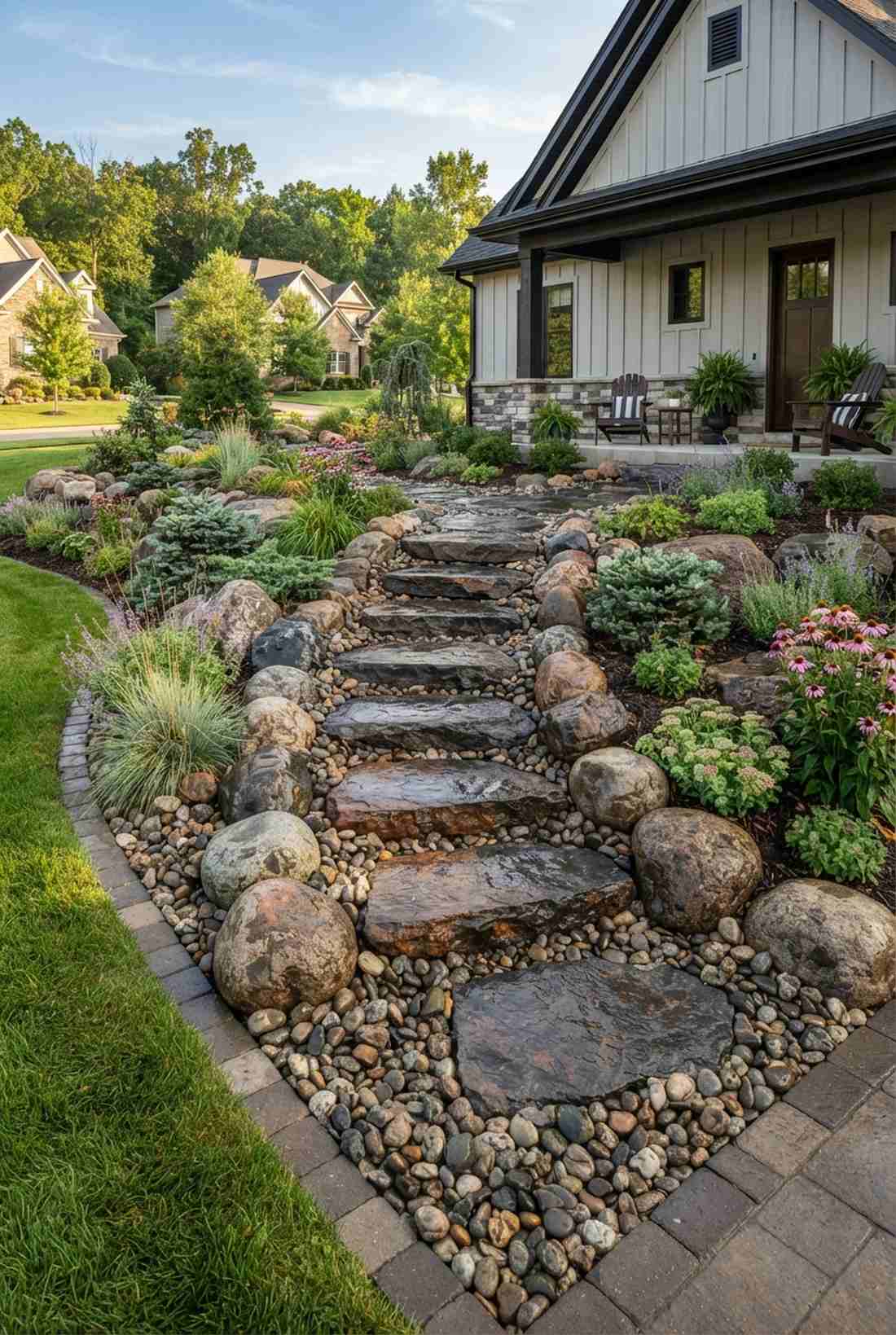 tiered river rock with basalt stepping stones