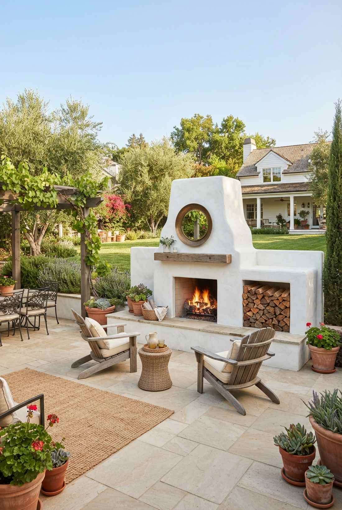 white stucco fireplace with integrated wood storage