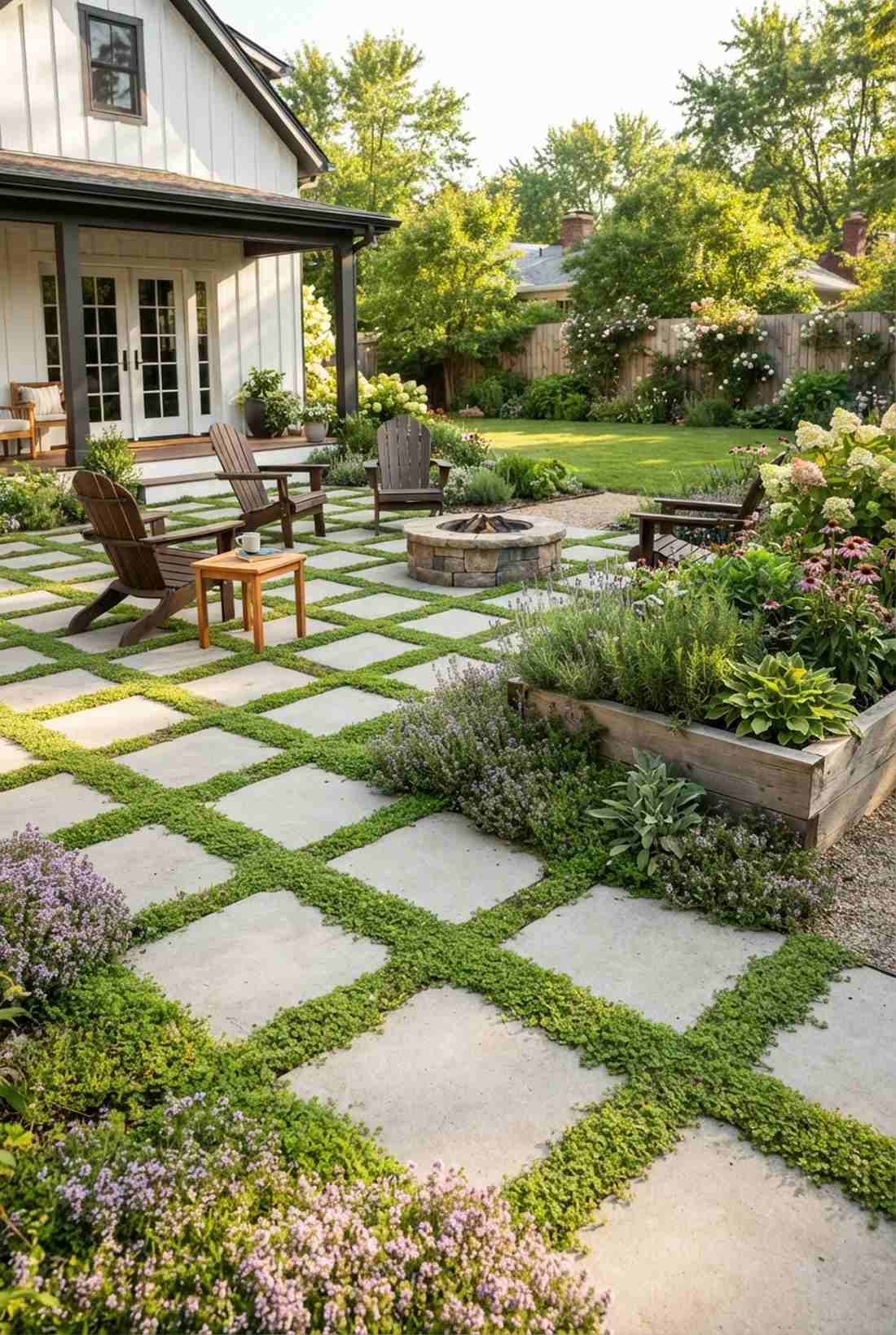 checkerboard pavers and groundcover