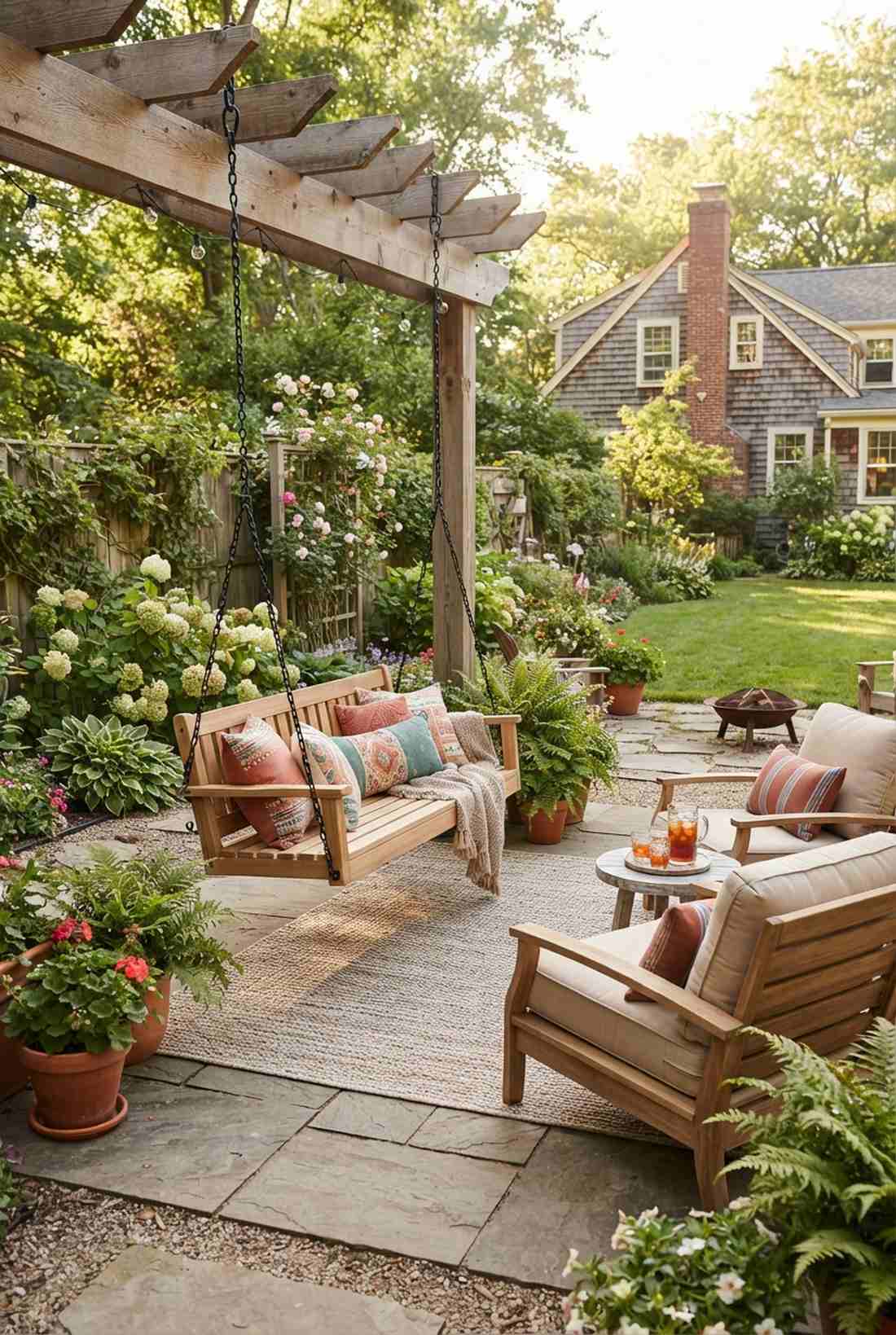 bench swing facing lounge chairs