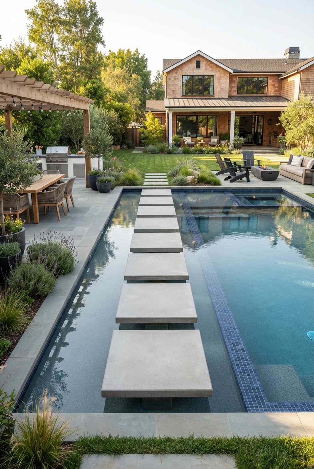 geometric pool with floating pavers