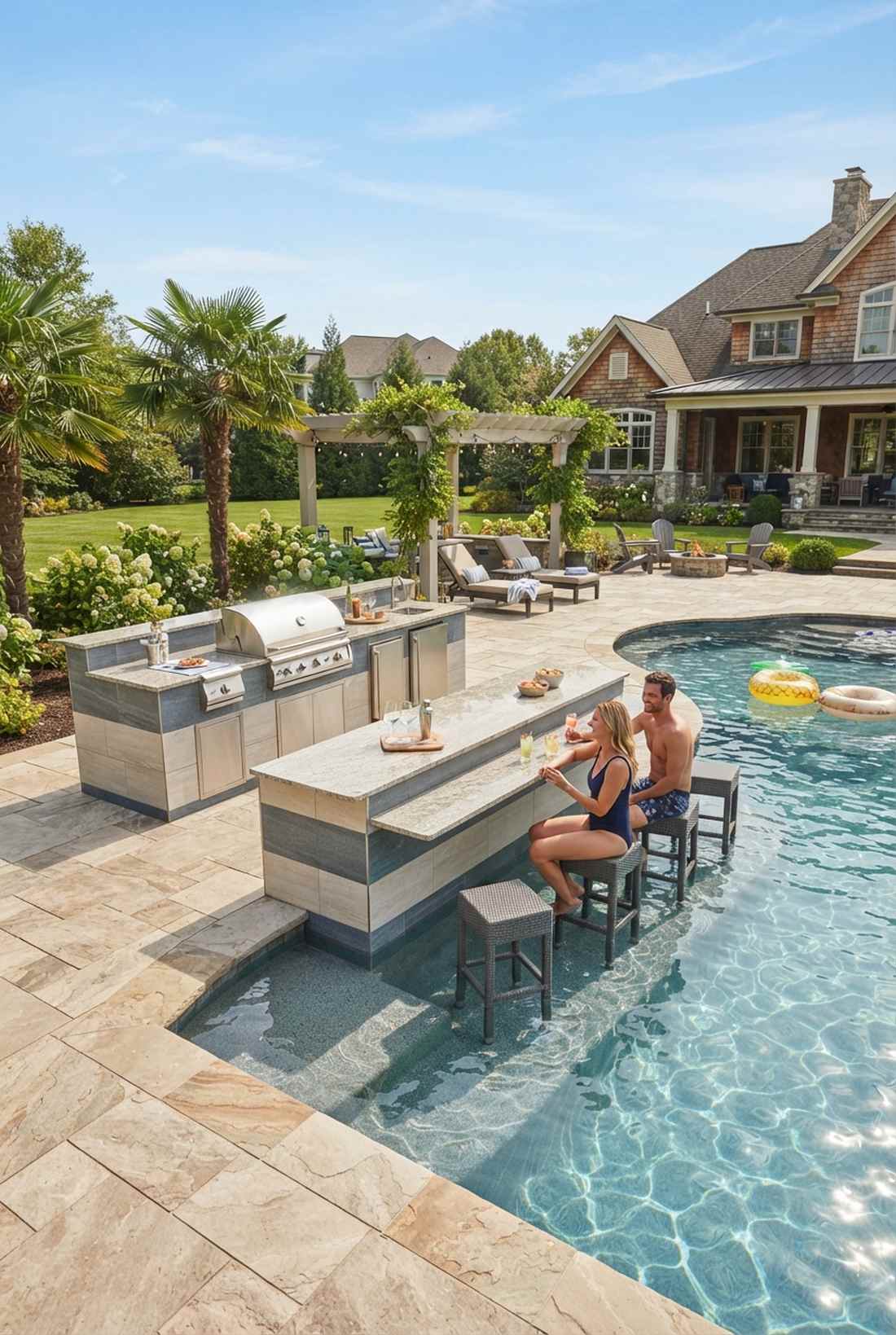 poolside linear kitchen with swim up bar