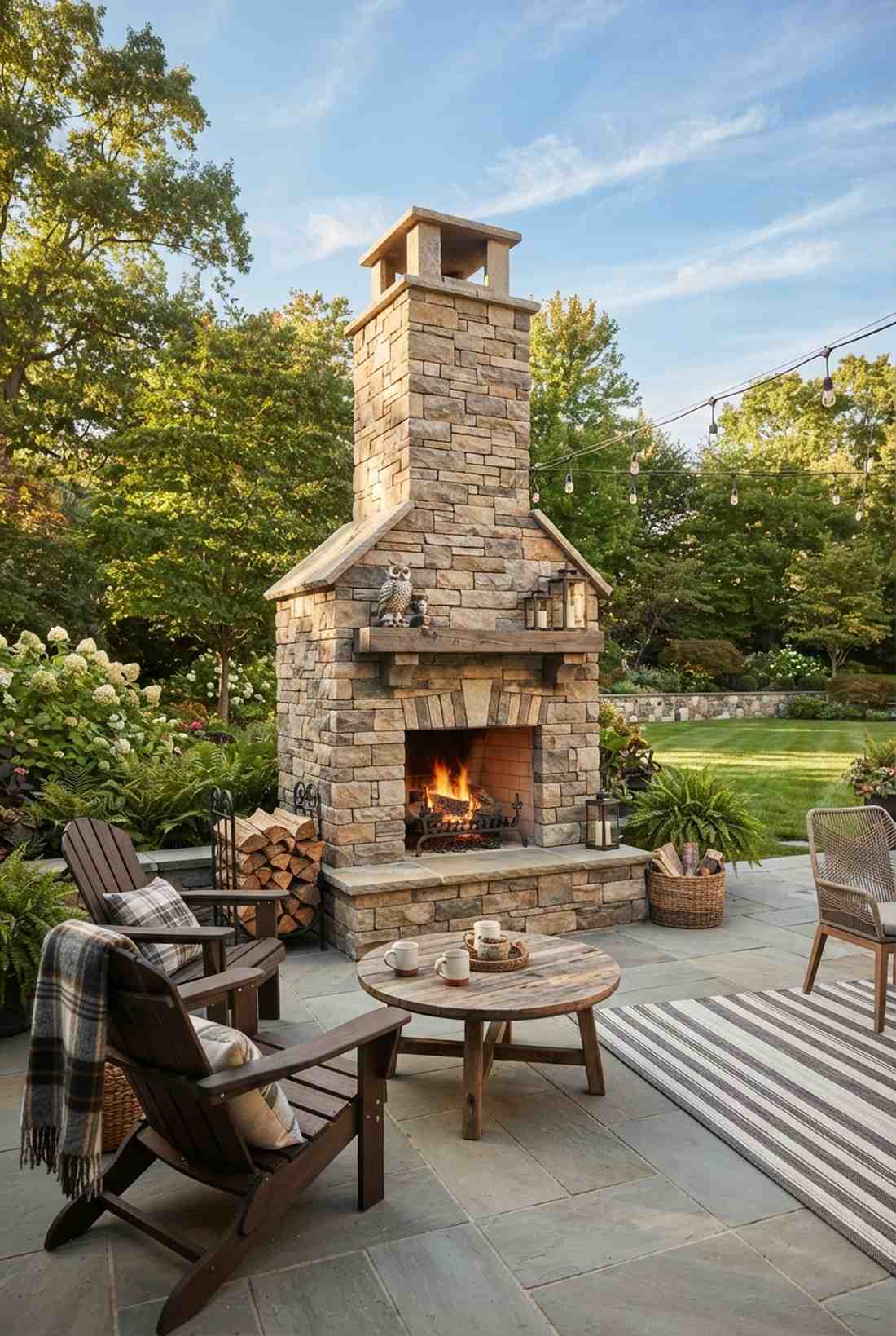 stacked stone veneer fireplace with chimney