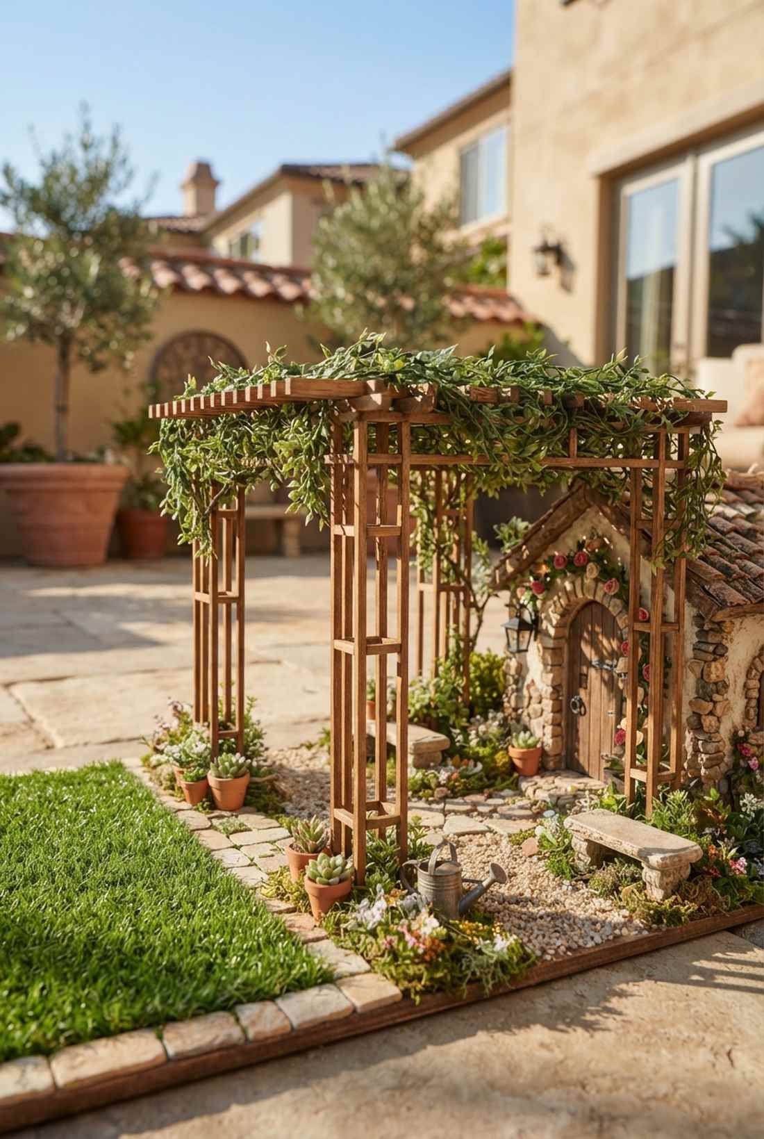 wooden pergolas with climbing vines