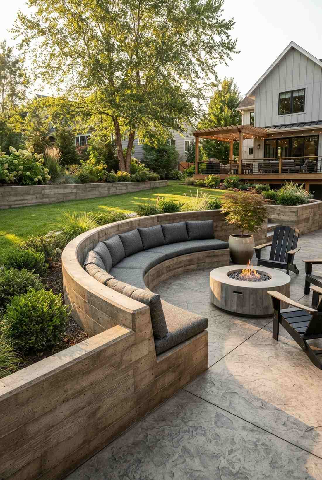 curved concrete bench with back wall