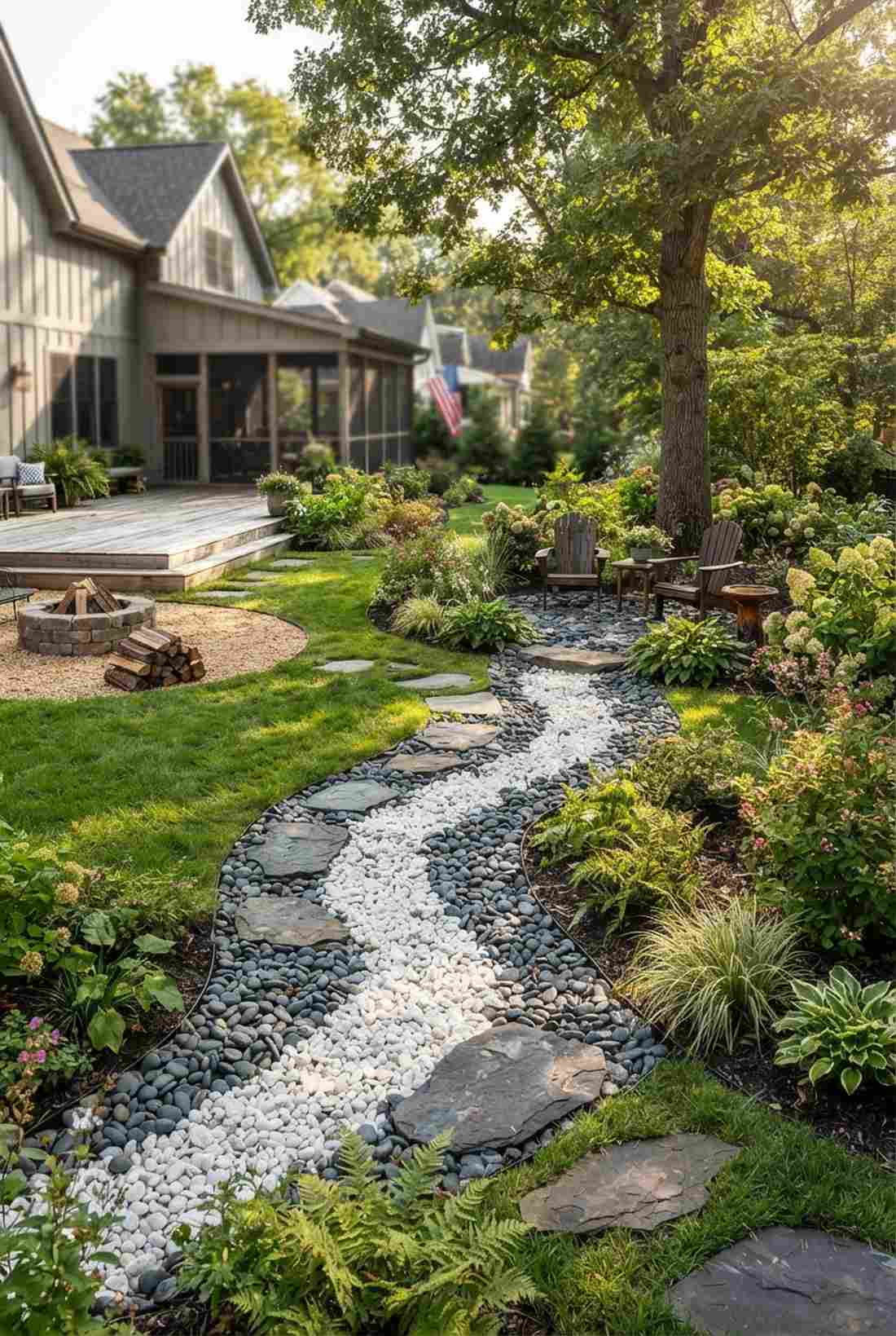 flowing river pattern with mixed pebbles