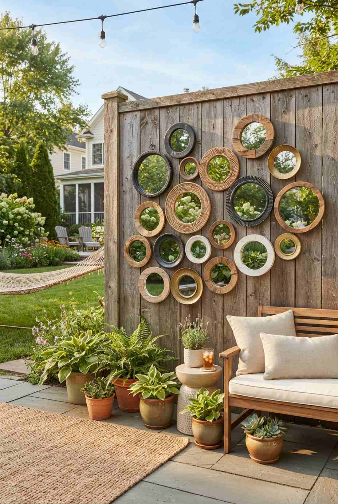 gallery wall of small round mirrors