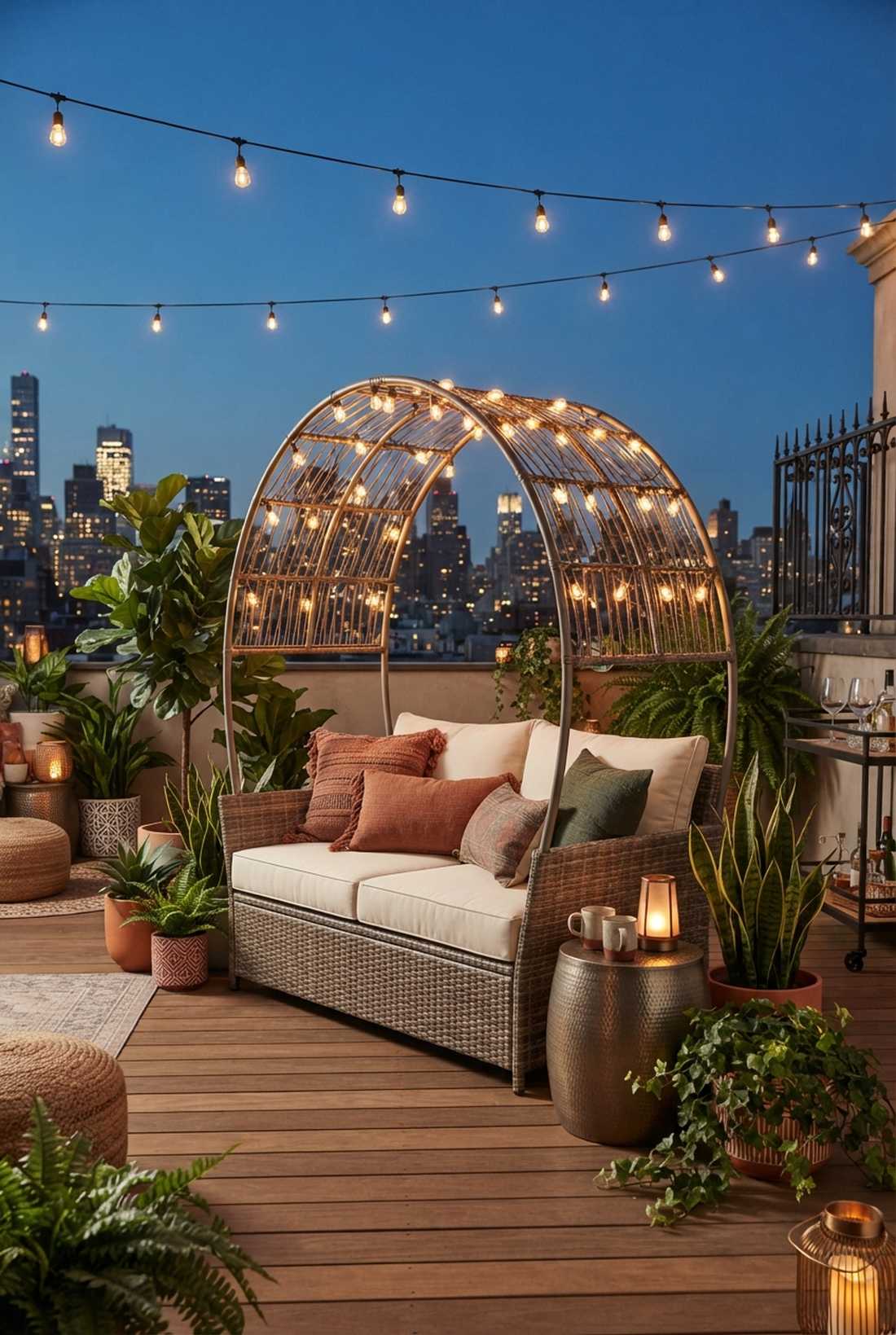 rattan loveseat with string light canopy