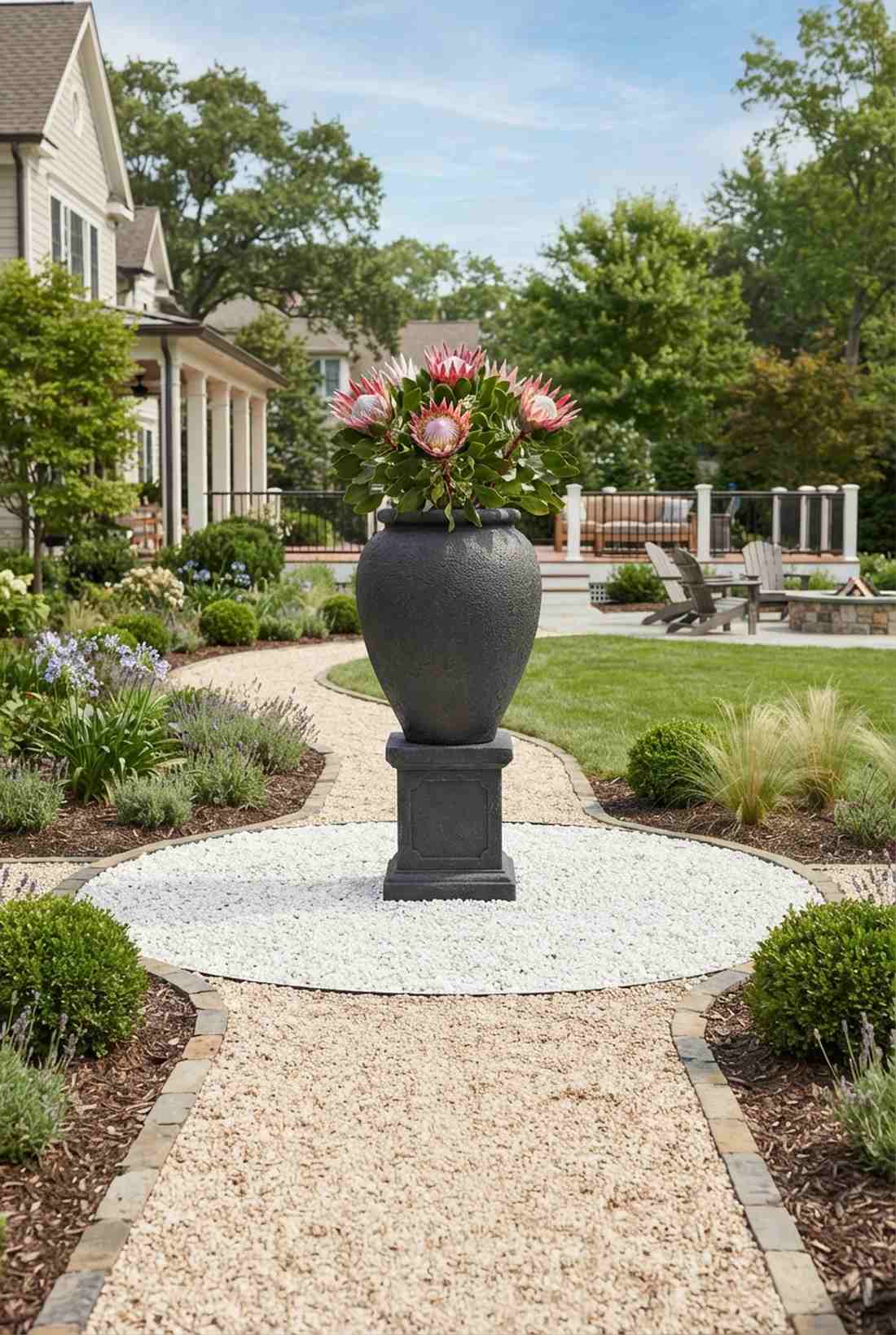 single specimen urn at pathway terminus