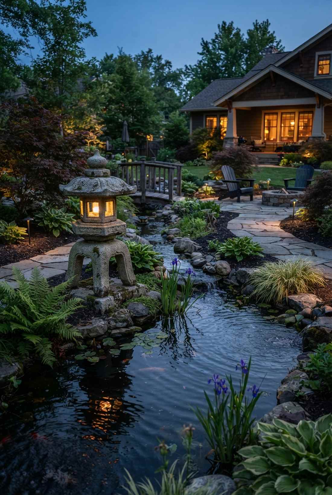 stone lantern beside water feature