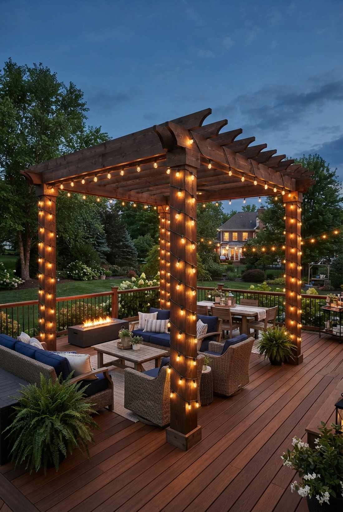string lights wrapped around pergola posts