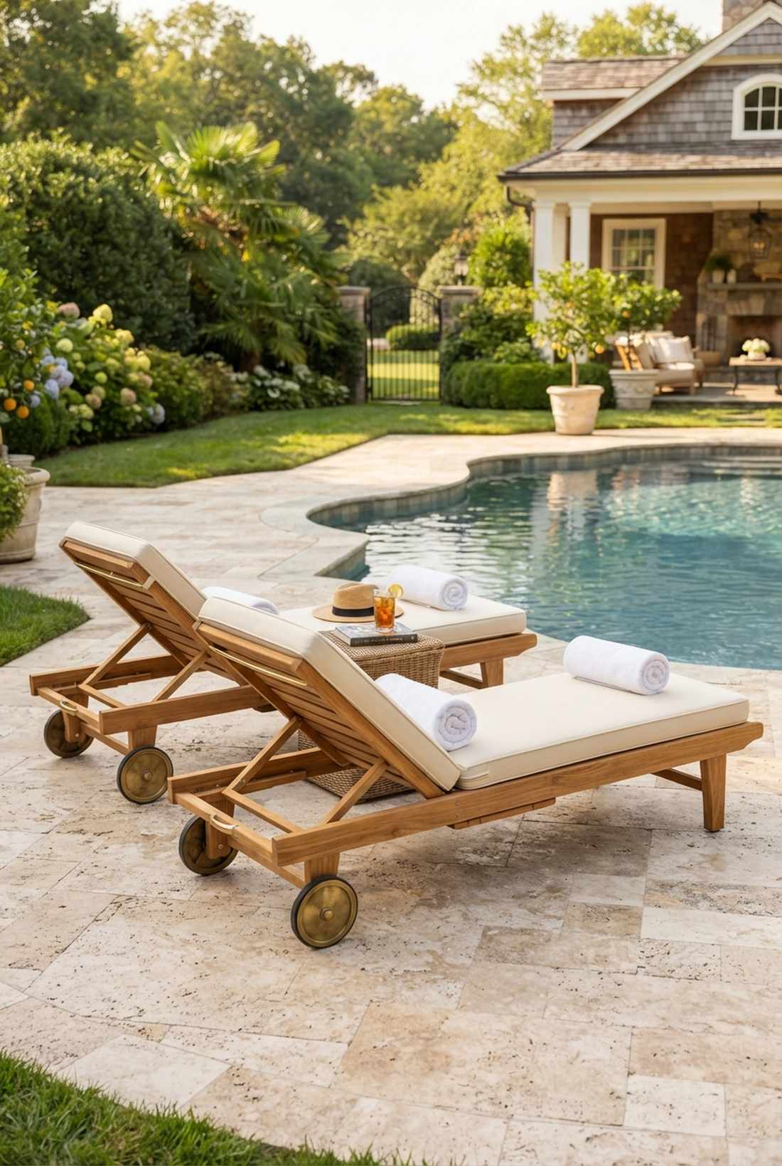 teak chaise lounges with wheels