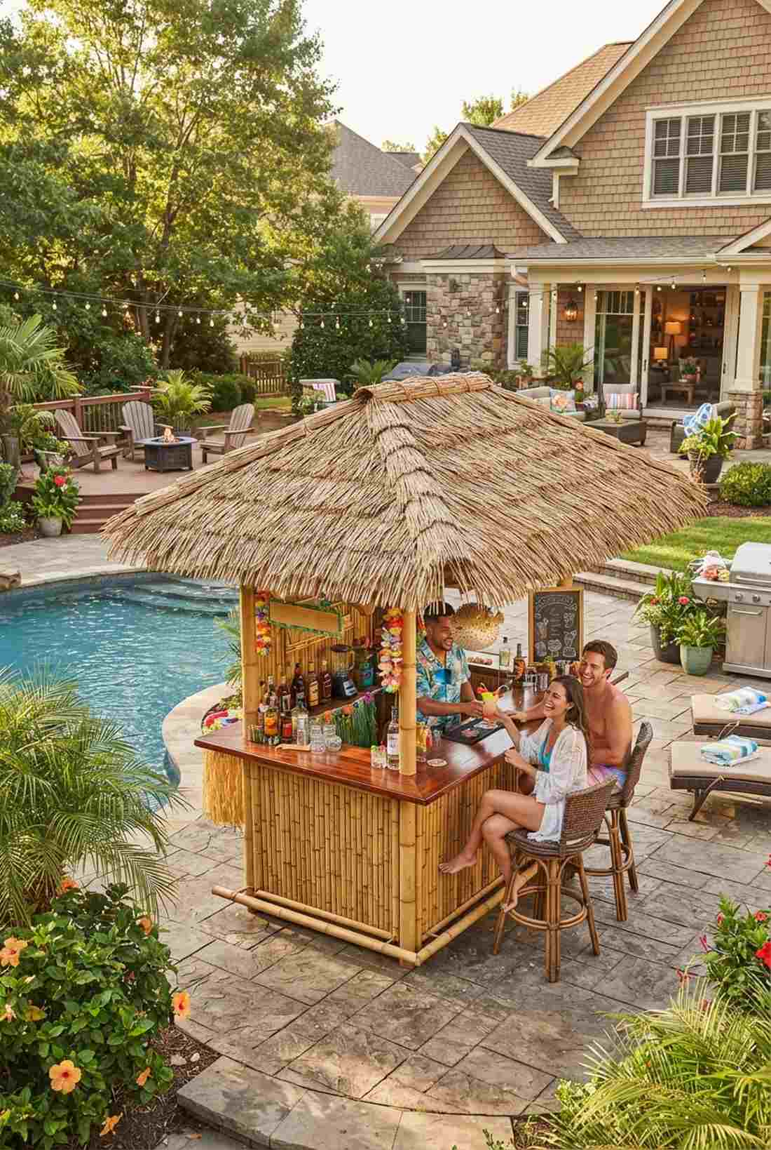 thatched roof tiki bar