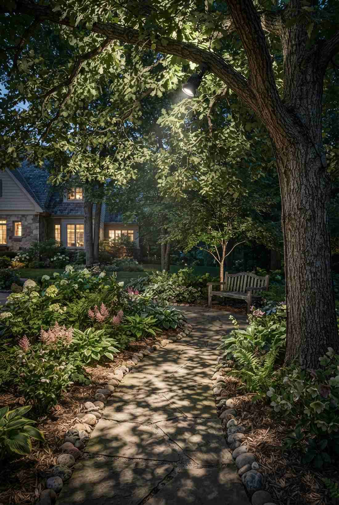 tree mounted moonlighting over flower beds