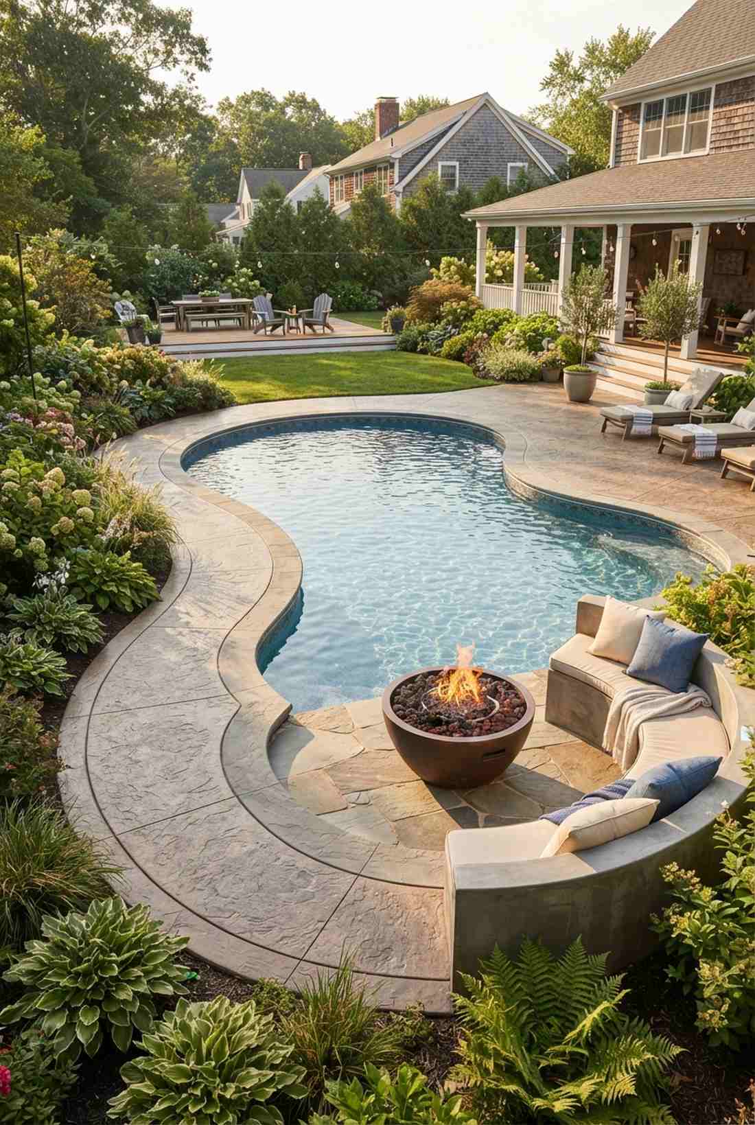 kidney shaped pool with curved deck