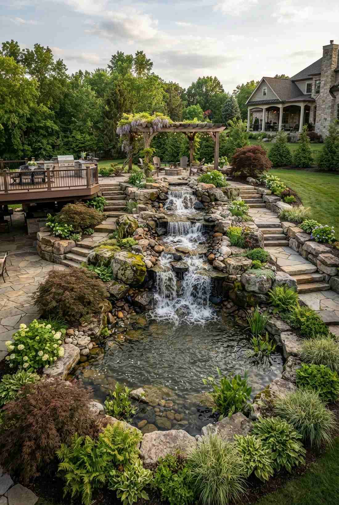 multi tier waterfall with boulder arrangement