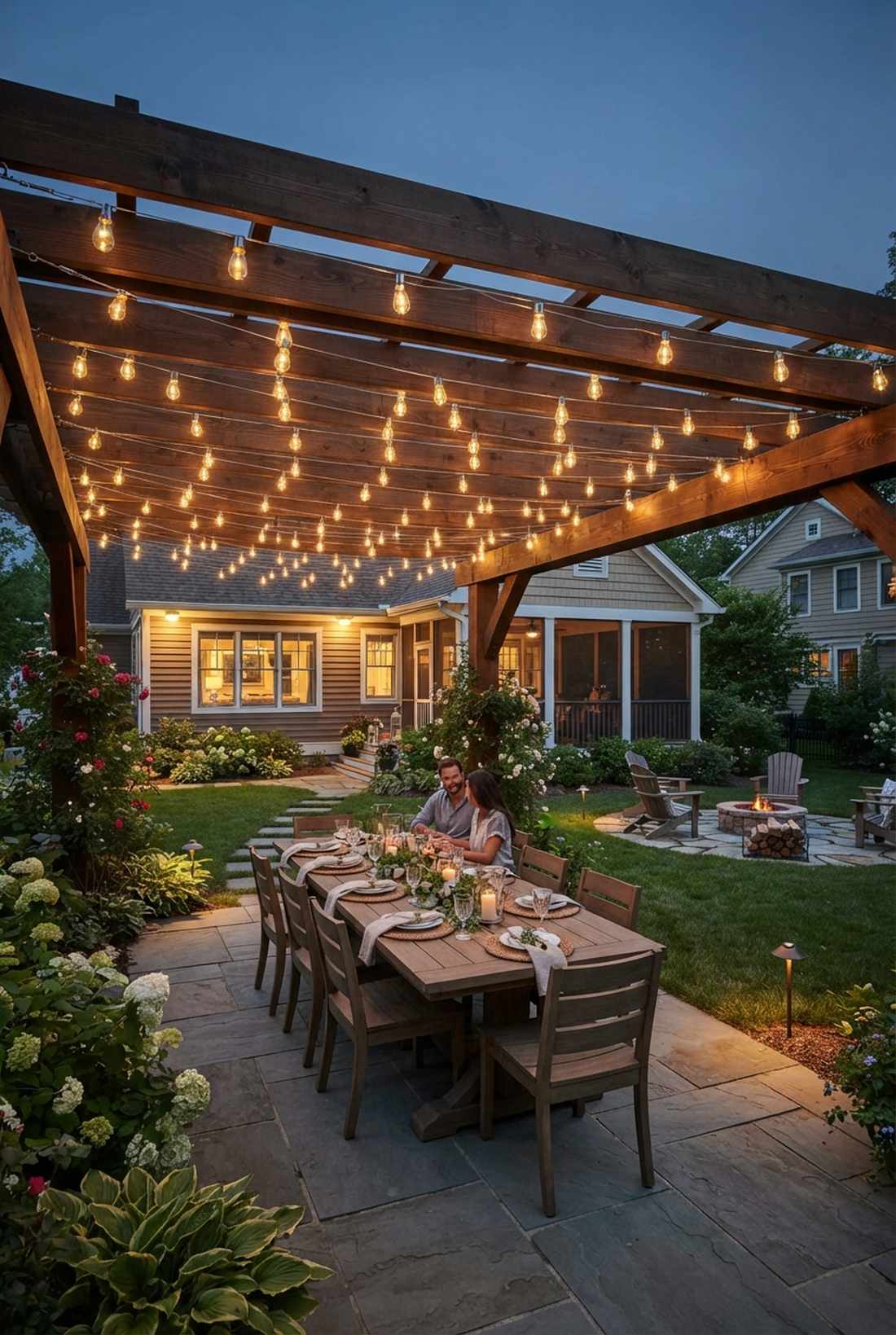 pergola draped string lighting